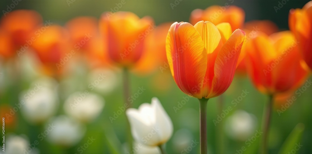 Orange tulip blooms in a bed of white flowers, spring, nature Orange tulip blooms in a bed of white flowers, spring, nature