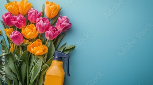 Colorful tulips and flowers next to a yellow spray bottle on a blue background
