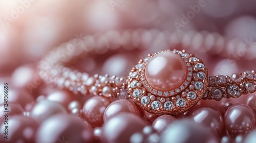 Elegant pearl bracelet displayed among lustrous rose pearls in soft natural l...