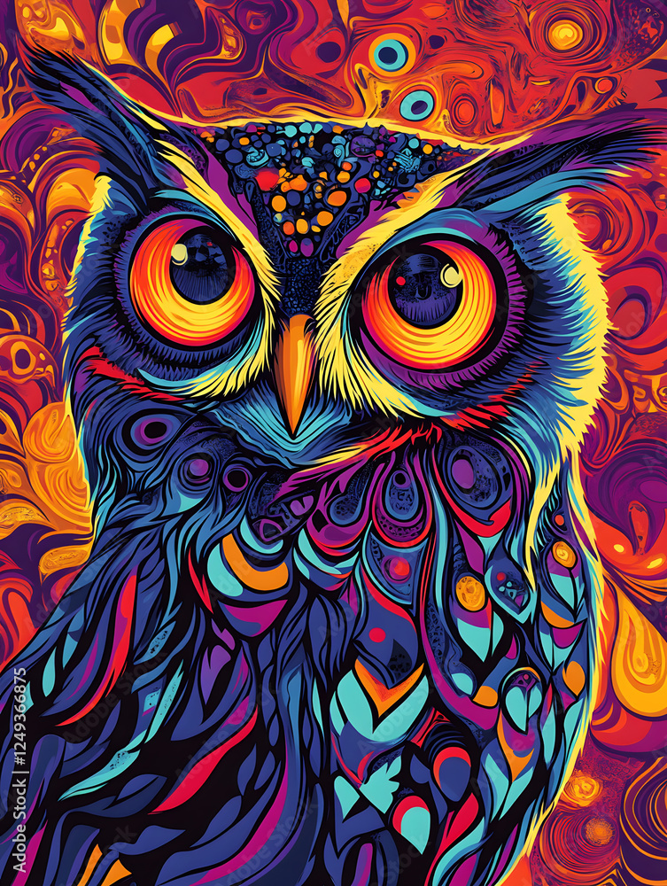 A vibrant, abstract owl illustration with psychedelic colors and intricate patterns creating a visually striking composition. A vibrant, abstract owl illustration with psychedelic colors and intricate patterns creating a visually striking composition.
