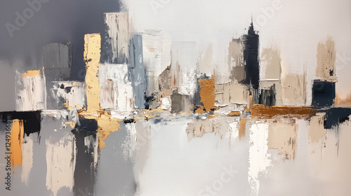 Panel kuchenny z motywem Abstract cityscape painting with neutral tones and gold accents, showcasing textured brushstrokes and a modern, minimalist aesthetic
