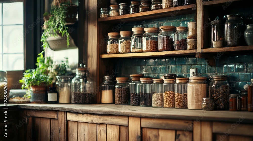 Rustic spice jars on wooden shelves Rustic spice jars on wooden shelves