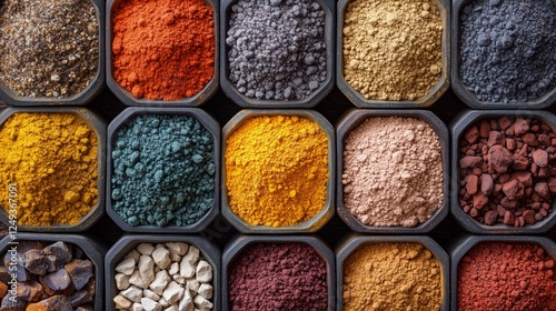 Multicolored spices arranged in containers in a market setting