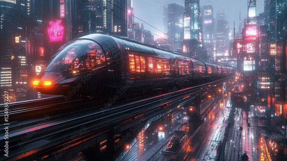 Fototapeta premium Futuristic metropolis with airborne trains, neon lights, multi-level roads, high technology, cyberpunk atmosphere, smart city of the future, advanced transportation system.