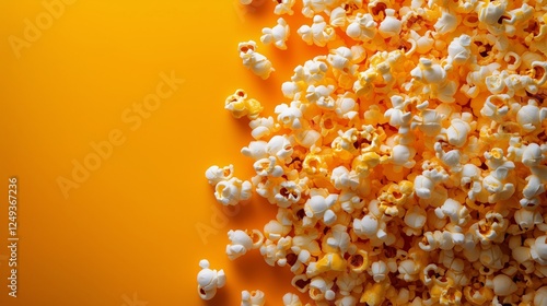 Popcorn scattered on bright orange surface creating an eye-catching snack arr...
