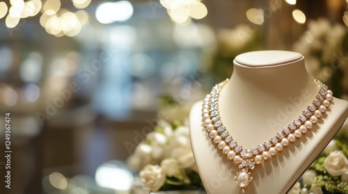 Elegant pearl and diamond necklace displayed in a luxurious boutique setting