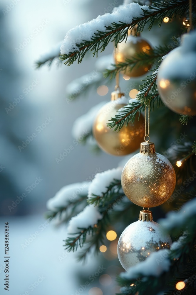 Snow-covered pine branches with golden white Christmas balls hanging gently, hang, pine Snow-covered pine branches with golden white Christmas balls hanging gently, hang, pine