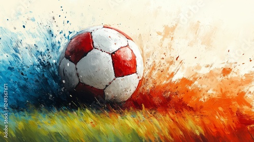 Soccer ball in motion creating colorful splashes on a creative background dur...