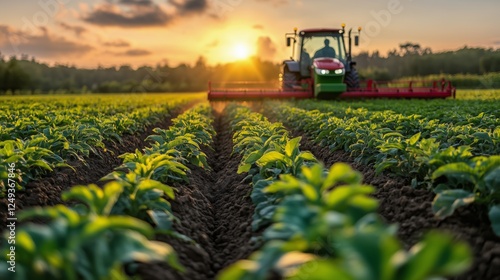 Evening sunlight shining on a tractor working in a lush green field during ha...