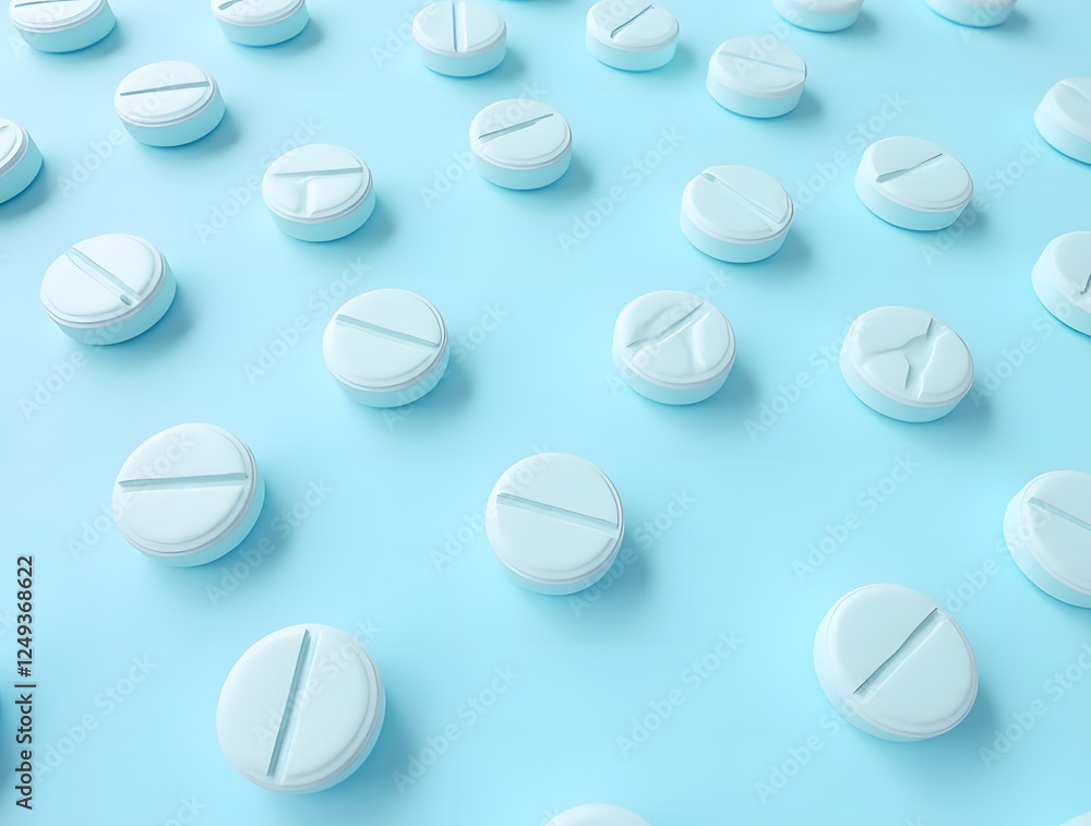 Scattered Round White and Light Blue Scored Pills on a Soft Blue Background, Capturing a Clean and Clinical Aesthetic for Healthcare and Wellness Scattered Round White and Light Blue Scored Pills on a Soft Blue Background, Capturing a Clean and Clinical Aesthetic for Healthcare and Wellness