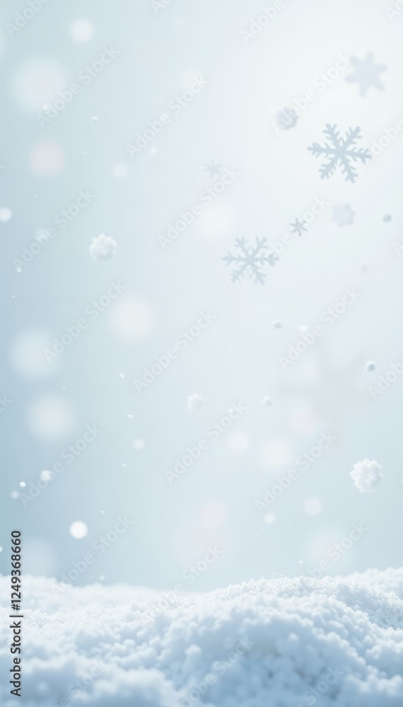 Fototapeta premium Snowflakes gently falling on a white background, soft landing, snowfall