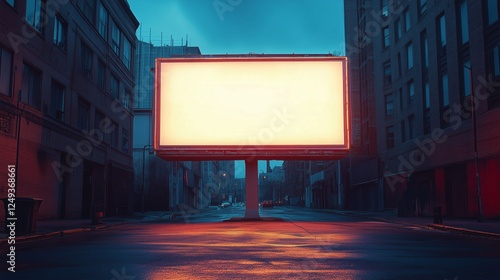 Urban street with a blank billboard illuminated by soft evening light