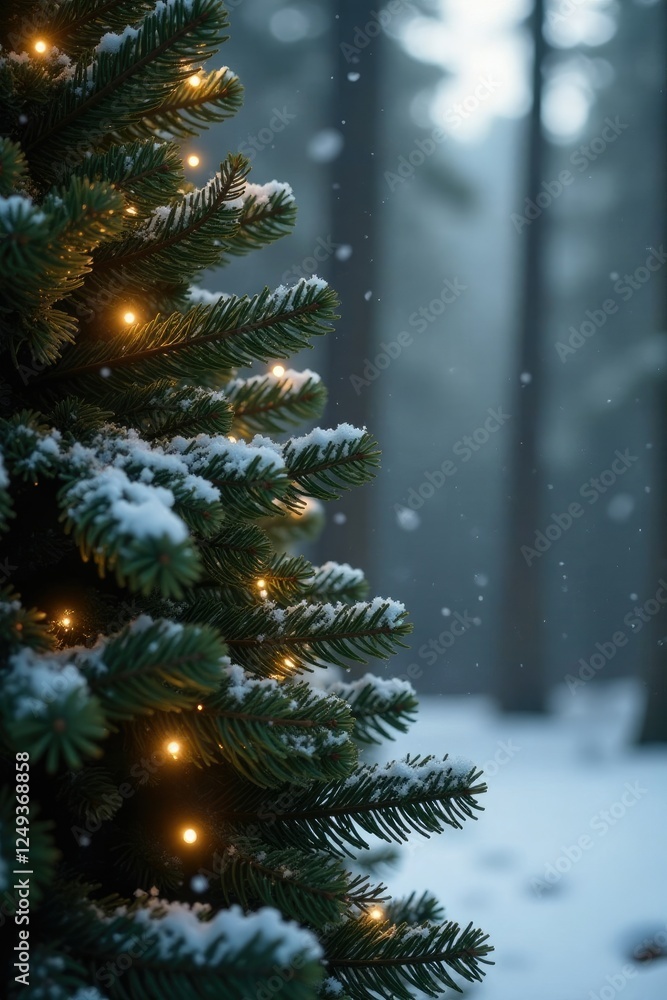 Snowflakes gently fall on a Christmas tree against a wooden background, forest, scenery Snowflakes gently fall on a Christmas tree against a wooden background, forest, scenery