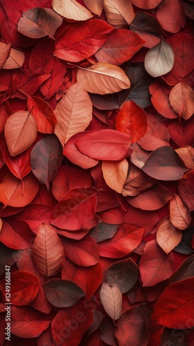 Vibrant red leaves create a stunning autumn carpet in a forest setting