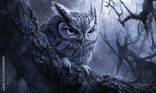 Mysterious owl in a spooky forest at night. Possible use Halloween card or background photo