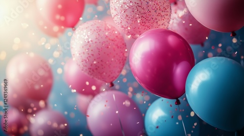 Colorful balloons float amidst sparkling confetti at a festive celebration