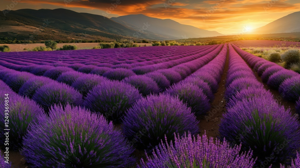 Obraz premium A stunning lavender field at sunset, with rows of purple flowers leading to distant mountains, under a vibrant orange sky