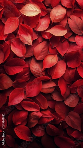 Colorful red leaves scattered on a dark surface during autumn