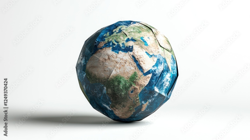 Fototapeta premium A stylized, geometric representation of Earth showcasing continents and oceans against a plain backdrop