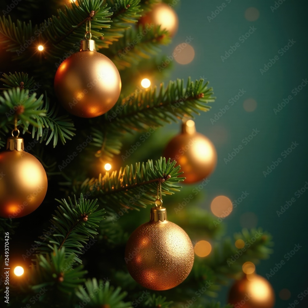 Twinkling lights and gold ornaments on a Christmas tree, Sparkle, Greenery, Gold ornaments