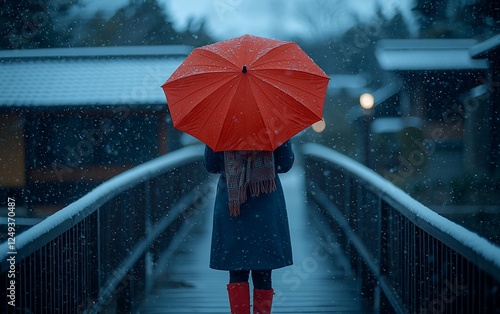 Woman with red umbrella on snowy bridge in Japan photo