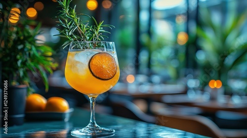 Orange cocktail garnished with rosemary, inside a restaurant photo