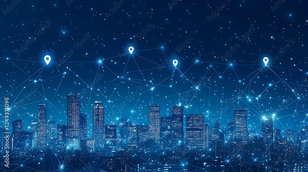 A city skyline with multiple white location pins A city skyline with multiple white location pins