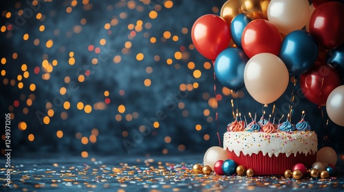 Celebration cake with colorful balloons and confetti for a festive occasion