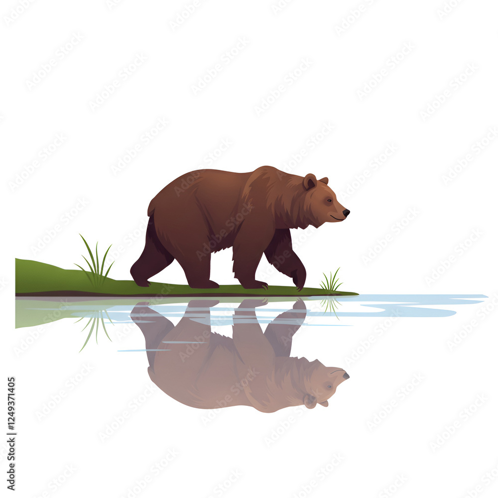 Obraz premium Bear Walking Peacefully by the River, Reflected in Water