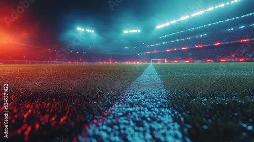 Nighttime football match atmosphere with colorful lights and fresh grass on t...