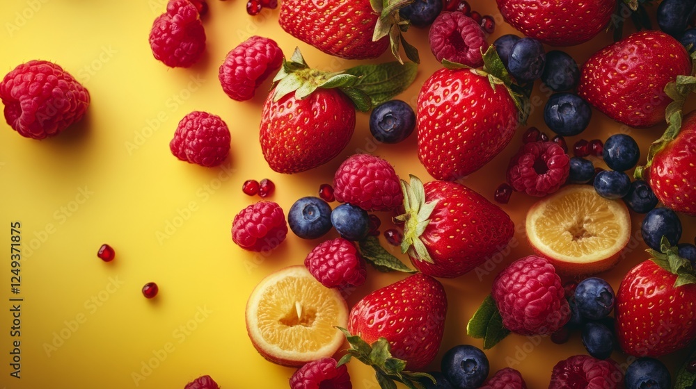Fototapeta premium Berries and citrus on a yellow background