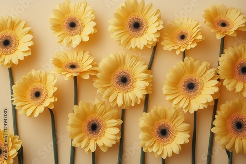 Bright yellow gerberas arranged artfully on a yellow background during daylight