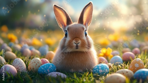 Cute rabbit surrounded by colorful Easter eggs in a vibrant spring meadow