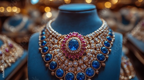 Exquisite jewelry display featuring intricate blue and pink gemstone necklace...