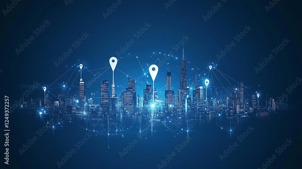 Fototapeta premium A city skyline with multiple white location pins