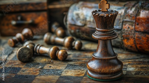 Chess piece captured on vintage wooden board with scattered pieces and antiqu...