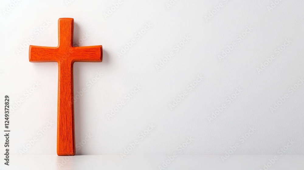Naklejka premium Orange wooden cross on a white background, simple religious imagery.