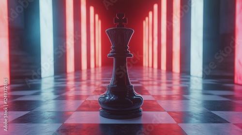 Chess king standing proudly in a futuristic hallway illuminated by colorful l...