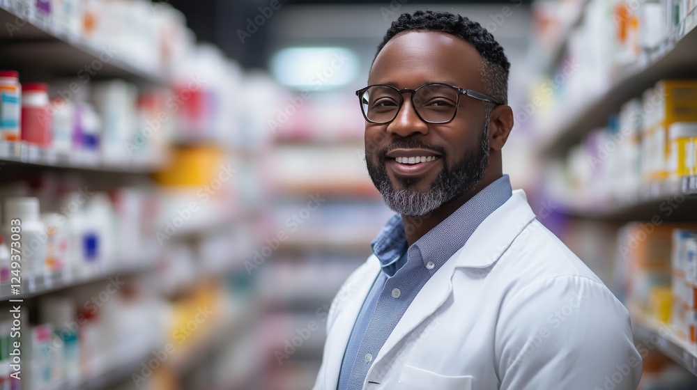 Smiling pharmacist in white coat stands confidently in pharmacy aisle filled with medicine bottles Smiling pharmacist in white coat stands confidently in pharmacy aisle filled with medicine bottles