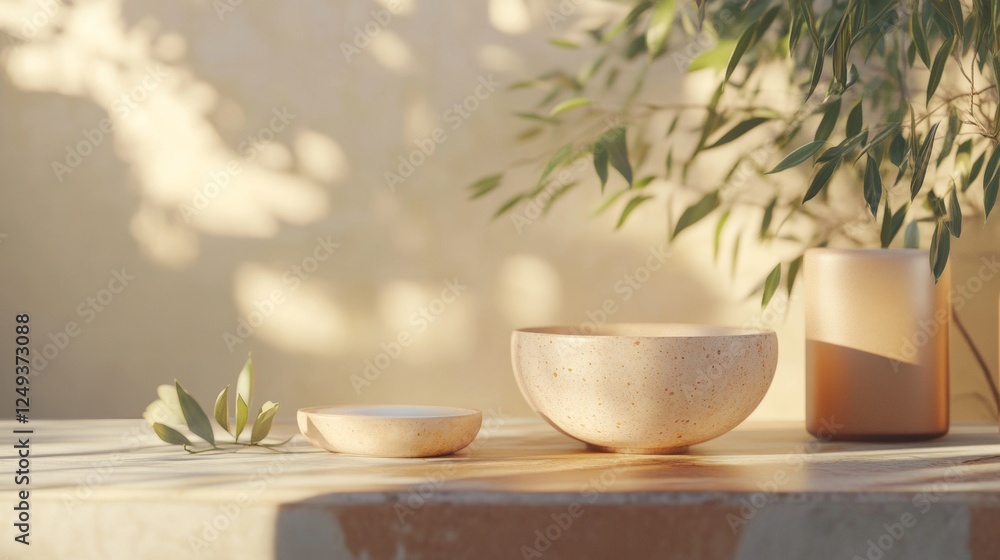 Minimalist setup with bowls and greenery Minimalist setup with bowls and greenery