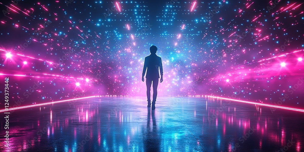 Stunning display of lights and colors enhances the atmosphere for a figure standing in the spotlight Stunning display of lights and colors enhances the atmosphere for a figure standing in the spotlight