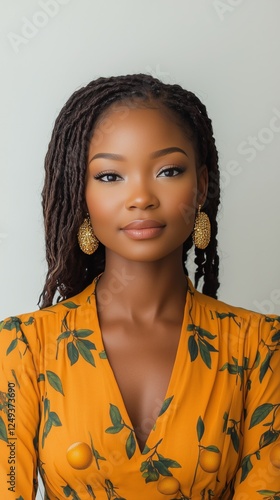Woman with braided hair and yellow dress featuring leaf patterns in a bright ...