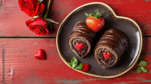 romantic chocolate cakes with roses and strawberries photo