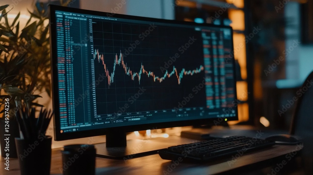 Night stock market data on desktop, home office Night stock market data on desktop, home office