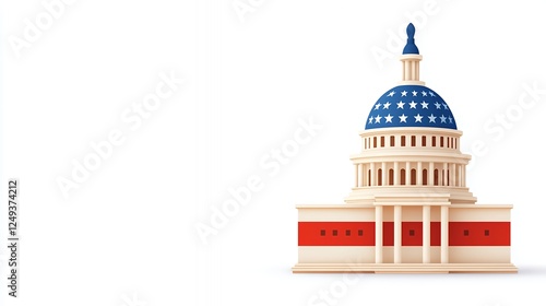 3d model of the capitol building, light beige, red and blue, simple pixelated style, white background,  american flag design on dome.