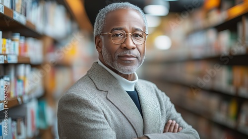 Portrait of a distinguished older man in a library surrounded by books and wa...
