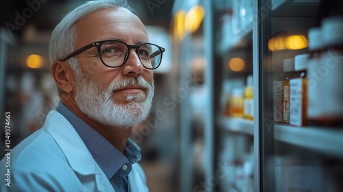Experienced pharmacist organizing medication in a well-lit pharmacy
