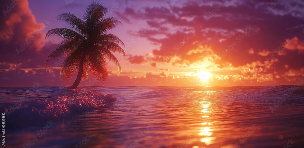 Vibrant sunset over tranquil ocean waters with a lone palm tree on a serene beach Vibrant sunset over tranquil ocean waters with a lone palm tree on a serene beach