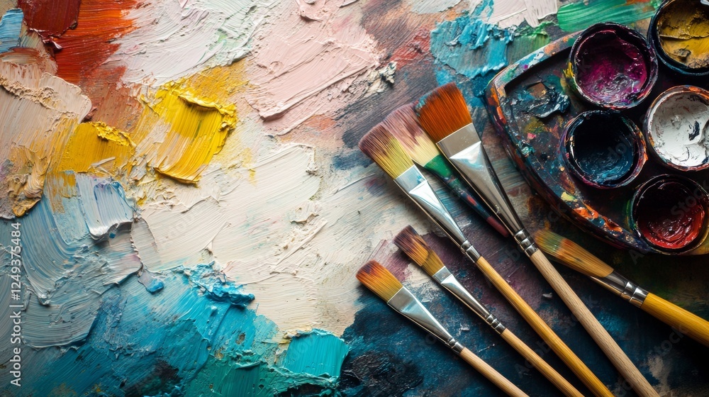 Fototapeta premium Artist's palette with colorful paints and brushes