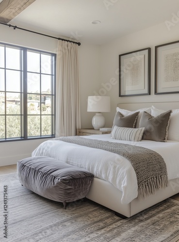 Cozy modern bedroom with neutral tones and large windows letting in natural l...